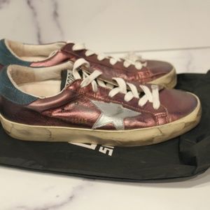 Golden Goose Deluxe Brand Leather Metallic Purple Burgundy Sneakers Teal Heel